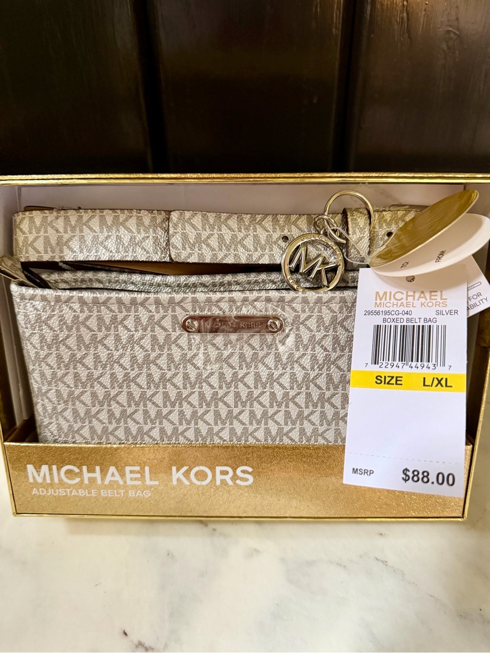 Michael Kors Metallic Silver Gray White MK Monogram Belt Bag crossbody clutch XL